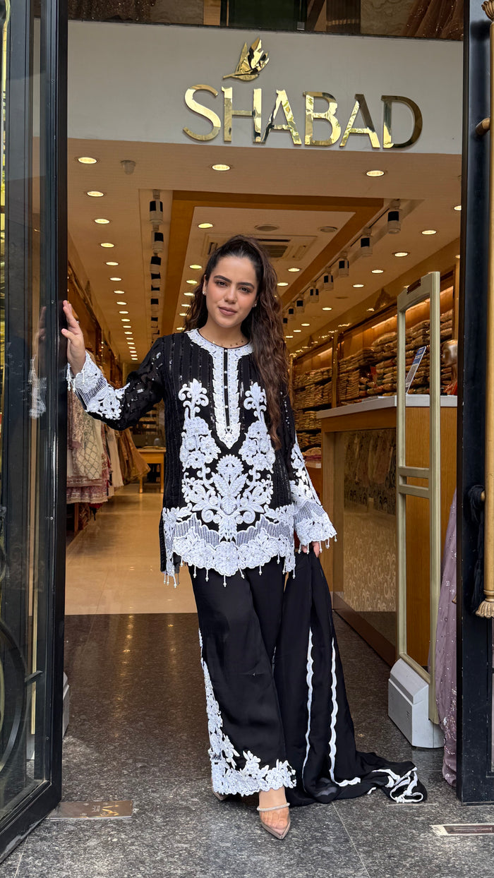 Designer Short Pakistani Suit Set with Sequin, Thread Embroidery & Pearl Detailing | Festive Wear