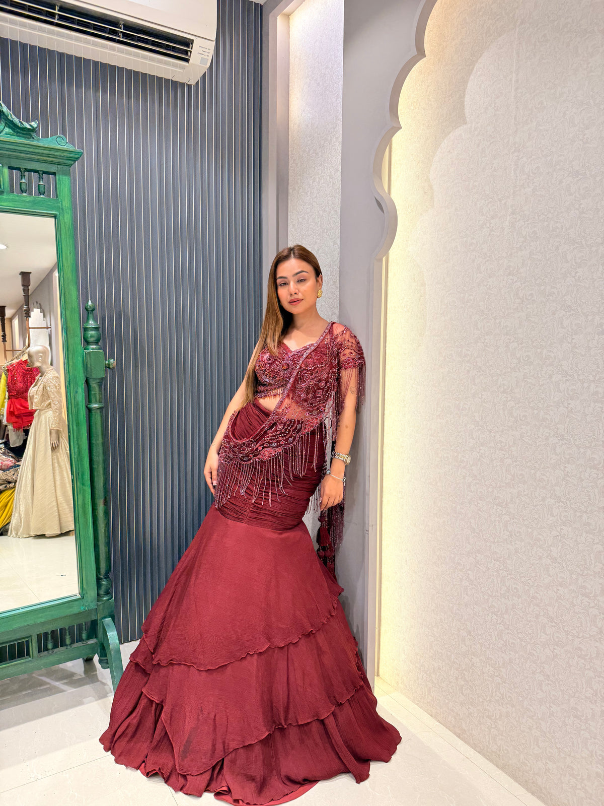 Designer Fish cut Drape Saree with Handwork Blouse & Embellished Palla