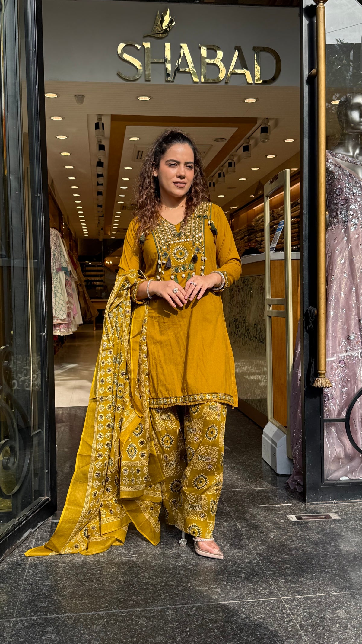 Ajrakh Print Farshi Suit Set with Thread Embroidery Neckline Mirror & Shells Detailing | Up to Size 46