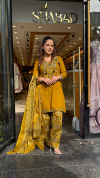 Ajrakh Print Farshi Suit Set with Thread Embroidery Neckline Mirror & Shells Detailing | Up to Size 46