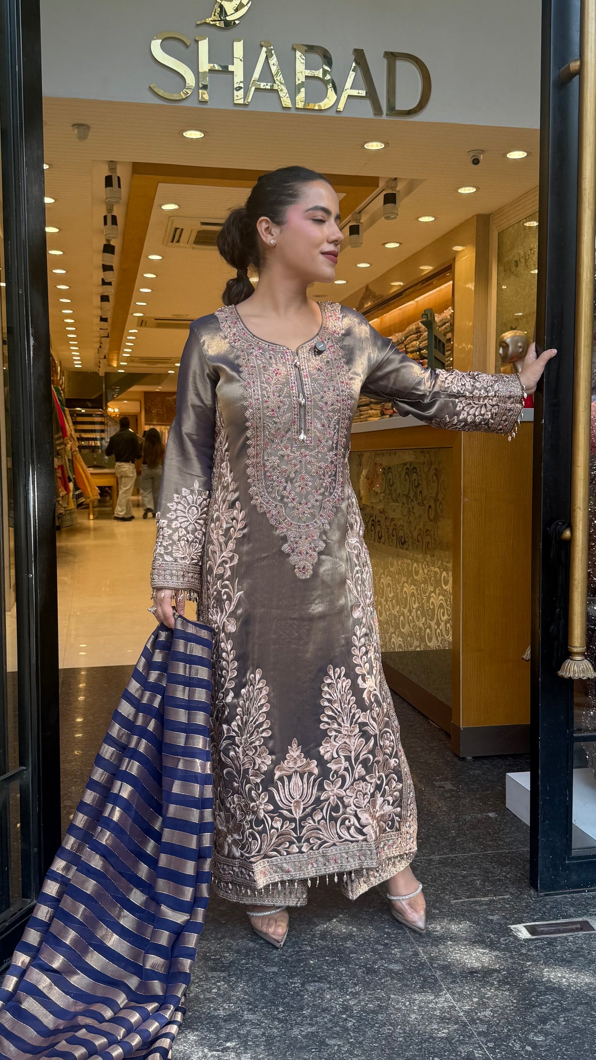 Designer Shimmer Tissue Suit Set with Thread Embroidery Beads & Multicolour Stone Work ( 46 size sides will be plain customisation available if handwork needed )