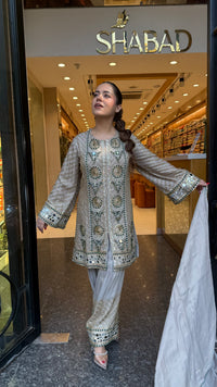 Luxury Shimmer Tissue Suit Set with Beads Jewellery & Mirror Work