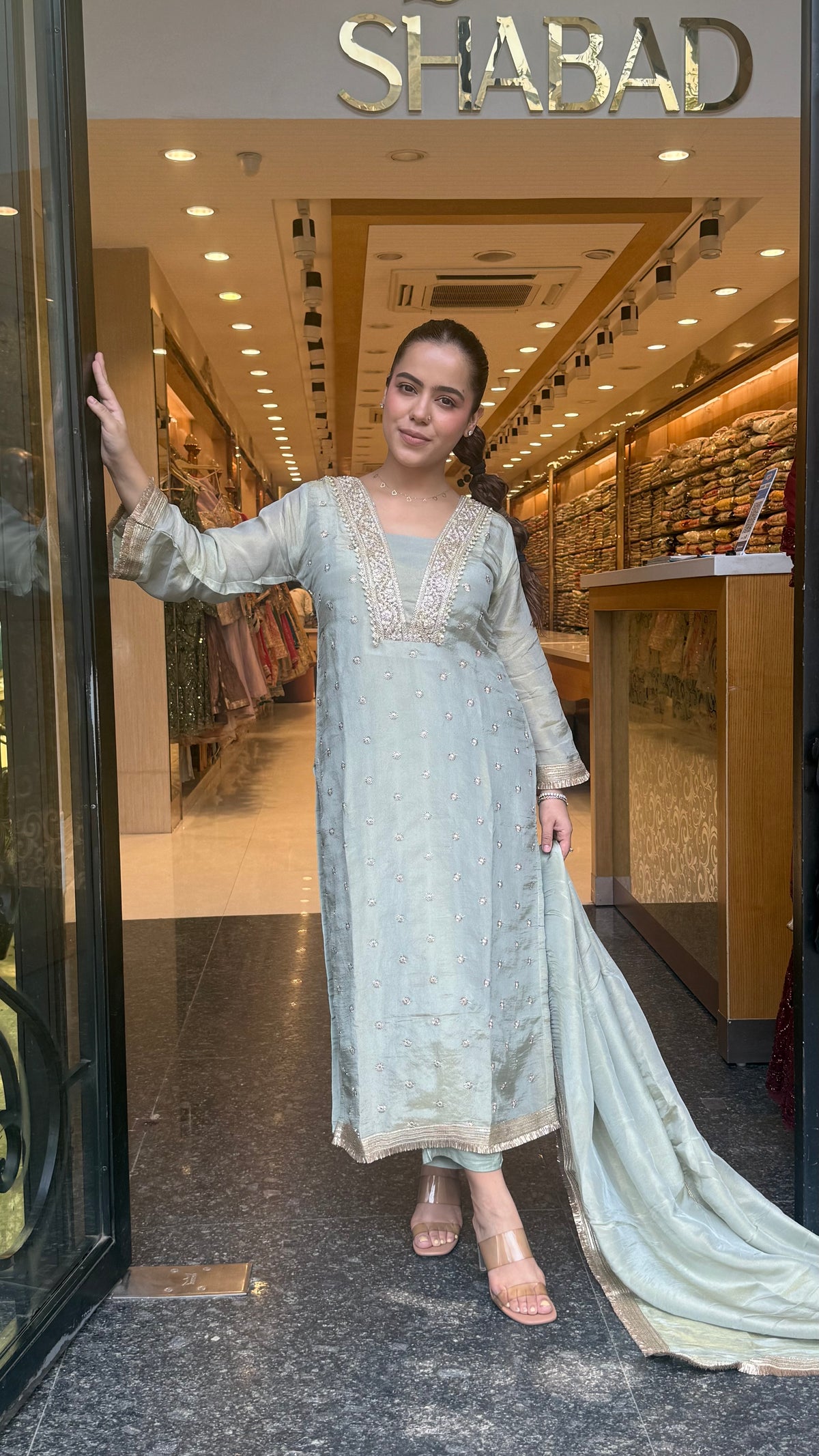 Budget-Friendly Shimmer Tissue Handwork Suit Set | Handworked Cutdana Neckline & Booti | Up to 44