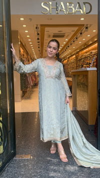 Budget-Friendly Shimmer Tissue Handwork Suit Set | Handworked Cutdana Neckline & Booti | Up to 44