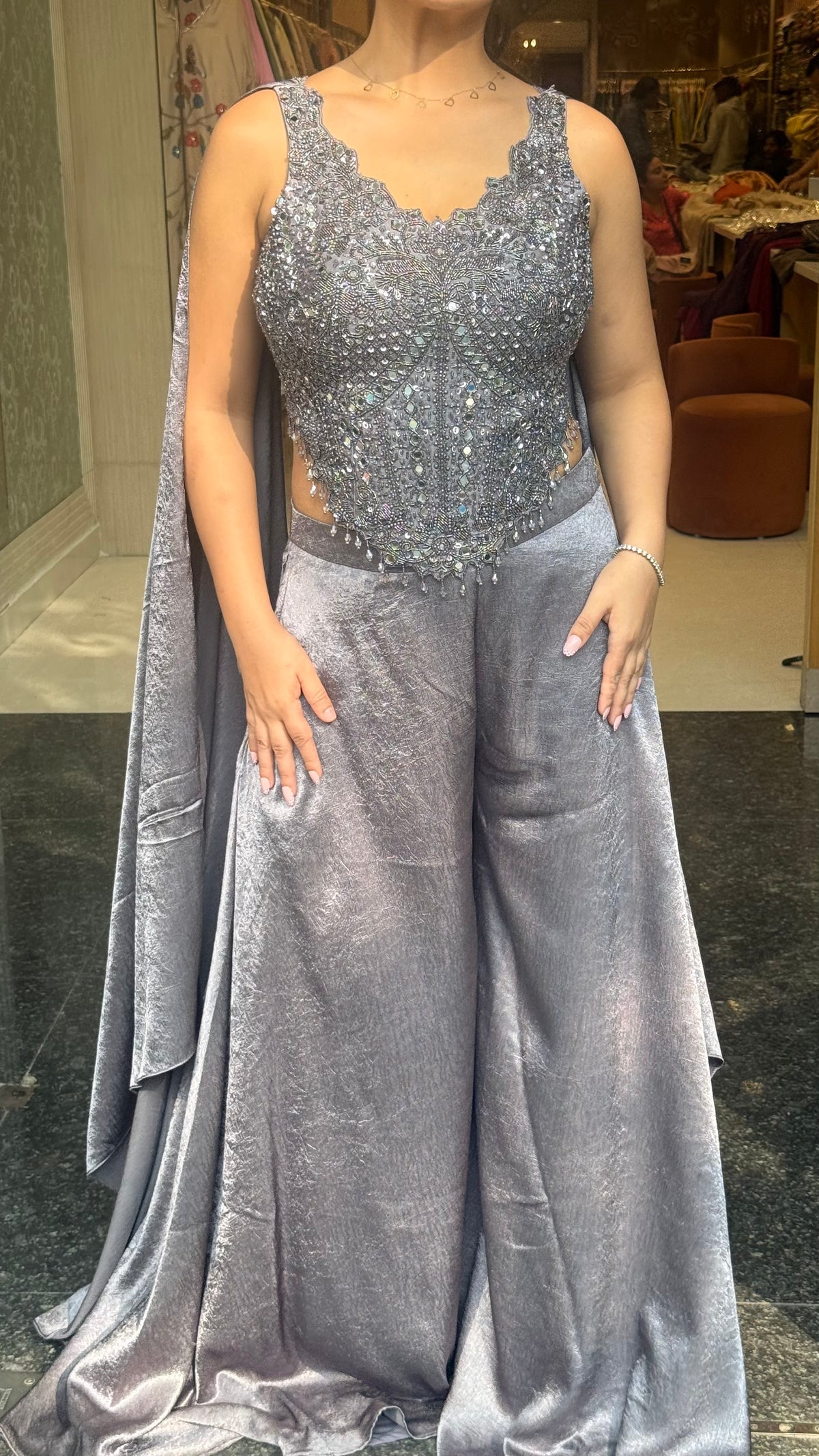 Designer Indo-Western Set with Handwork Mirror & Cutdana Blouse