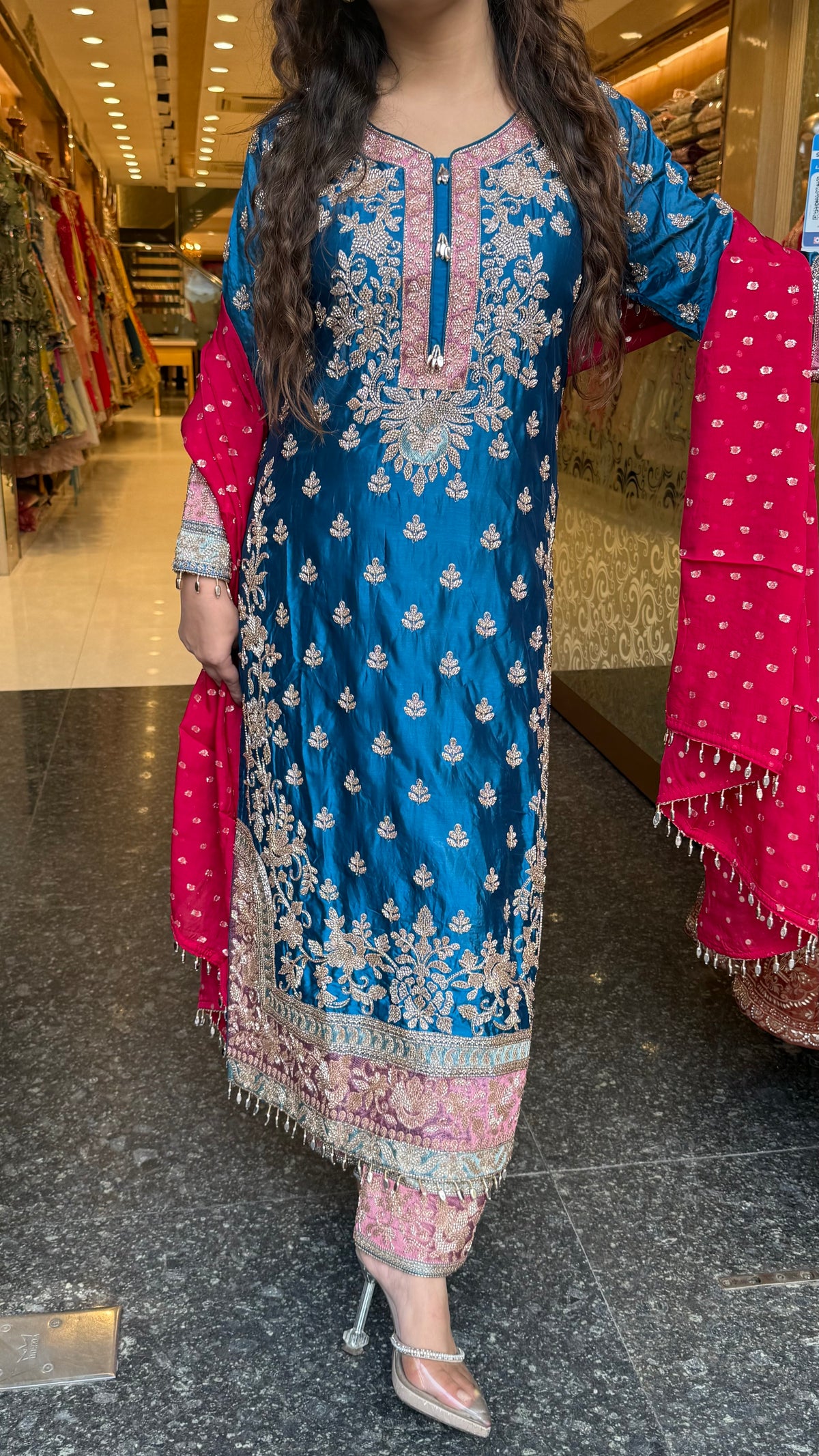 Long Pakistani Suit Set in Satin Silk with Beads Handwork