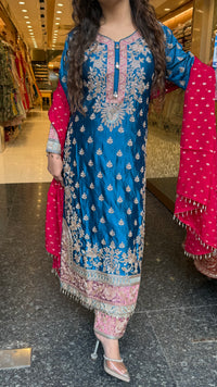 Long Pakistani Suit Set in Satin Silk with Beads Handwork
