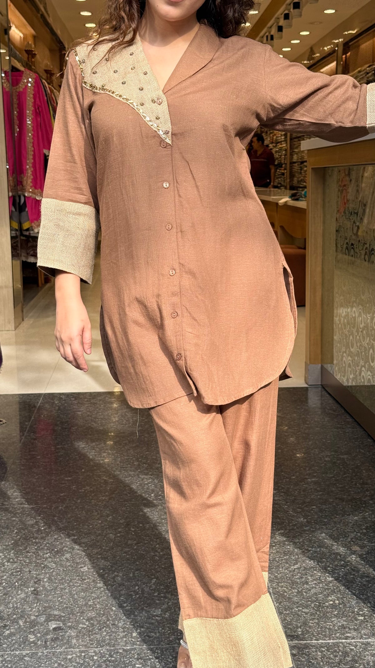 Linen Embellished Co-Ord Set with Jute Patch & Pearl Detailing