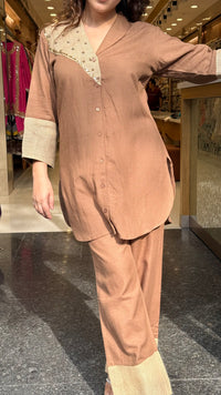 Linen Embellished Co-Ord Set with Jute Patch & Pearl Detailing