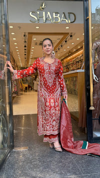 Elegant Satin Silk Suit Set with Multicolour Stone & Beads Work | Size Up to 46