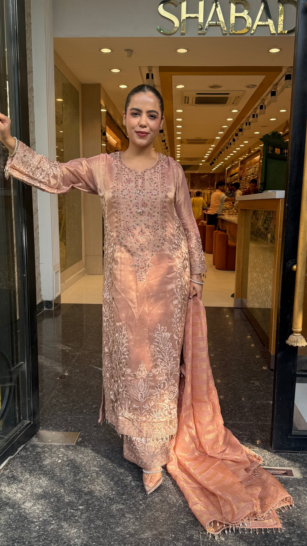 Designer Shimmer Tissue Suit Set with Thread Embroidery Beads & Multicolour Stone Work ( 46 size sides will be plain customisation available if handwork needed )