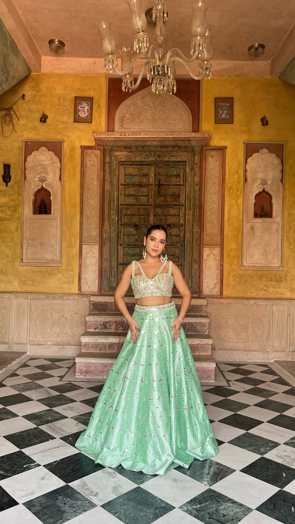 Elegant Raw Silk Lehenga with Intricate Mirror Work