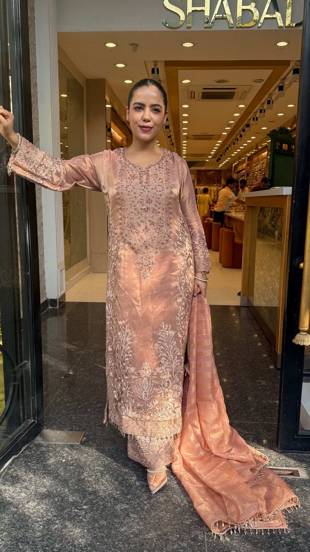 Designer Shimmer Tissue Suit Set with Thread Embroidery Beads & Multicolour Stone Work ( 46 size sides will be plain customisation available if handwork needed )