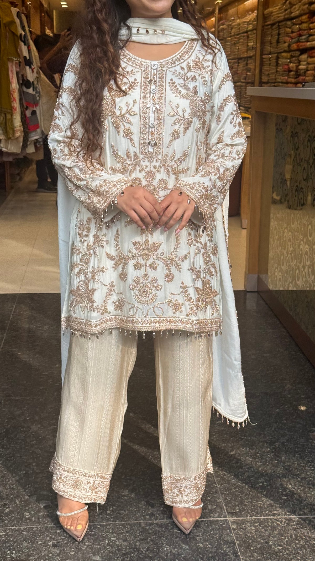 Beads Embellished Designer Suit Set with Brocade Pants