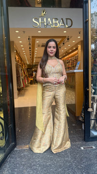 Banarasi Shimmer Indo-Western Set with Mirror, Dabka & Pearl Work | Designer Blouse & Bell Bottoms