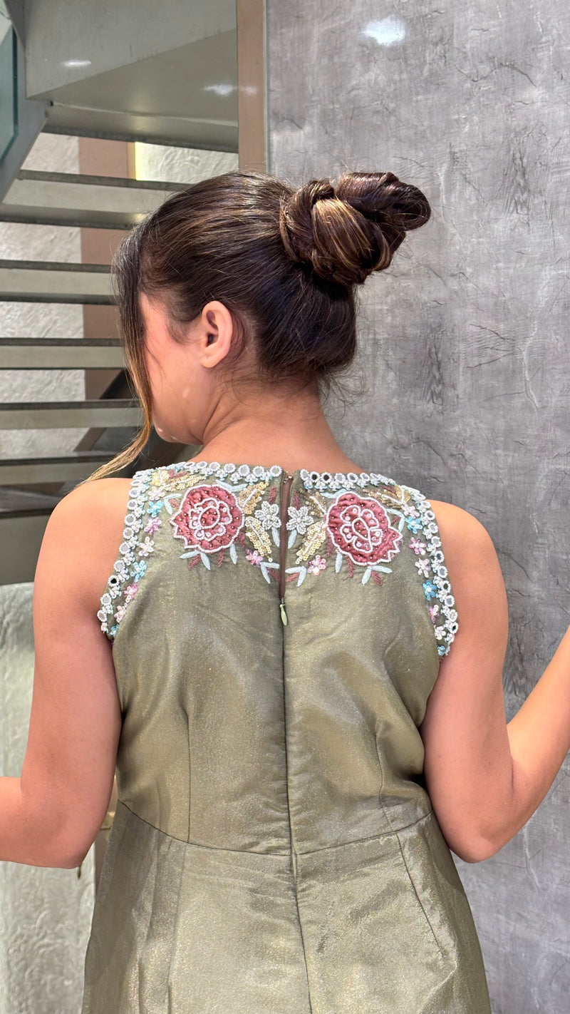 Handworked Designer Jumpsuit –Thread embroidery with pearl dabka and sequin work detailing silk fabric