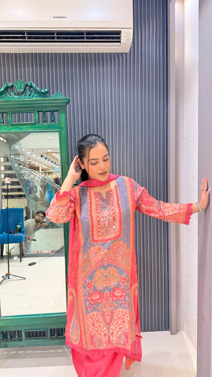 Printed Muslin Suit with Mirror Work
