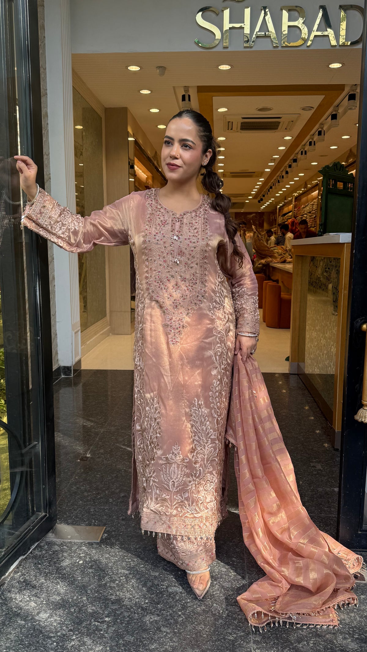 Designer Shimmer Tissue Suit Set with Thread Embroidery Beads & Multicolour Stone Work ( 46 size sides will be plain customisation available if handwork needed )