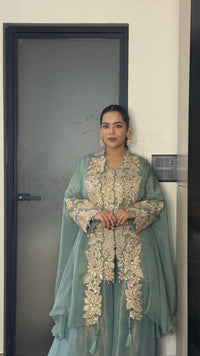 Indo-Western Sequence work with thread embroidery pearls tassels cape style 3 pcs set Ensemble |