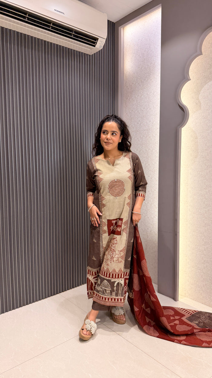 Warli Print Cotton Suit with Thread Embroidery