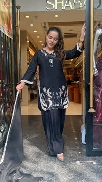 Leather Appliqué Cutwork Muslin Suit with Farshi Salwar | Budget-Friendly Suit Set