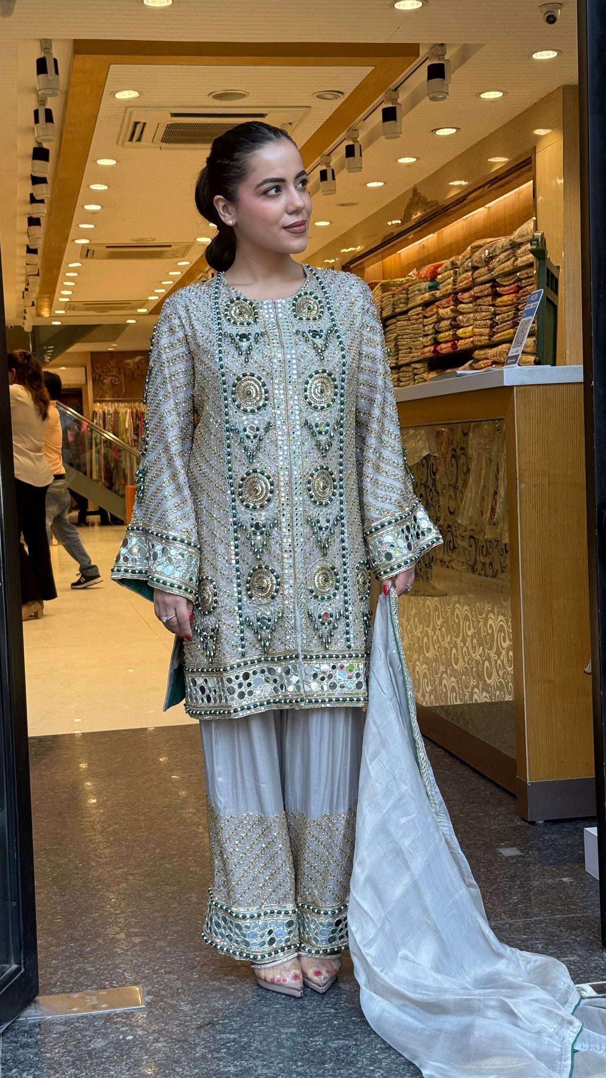 Luxury Shimmer Tissue Suit Set with Beads Jewellery & Mirror Work