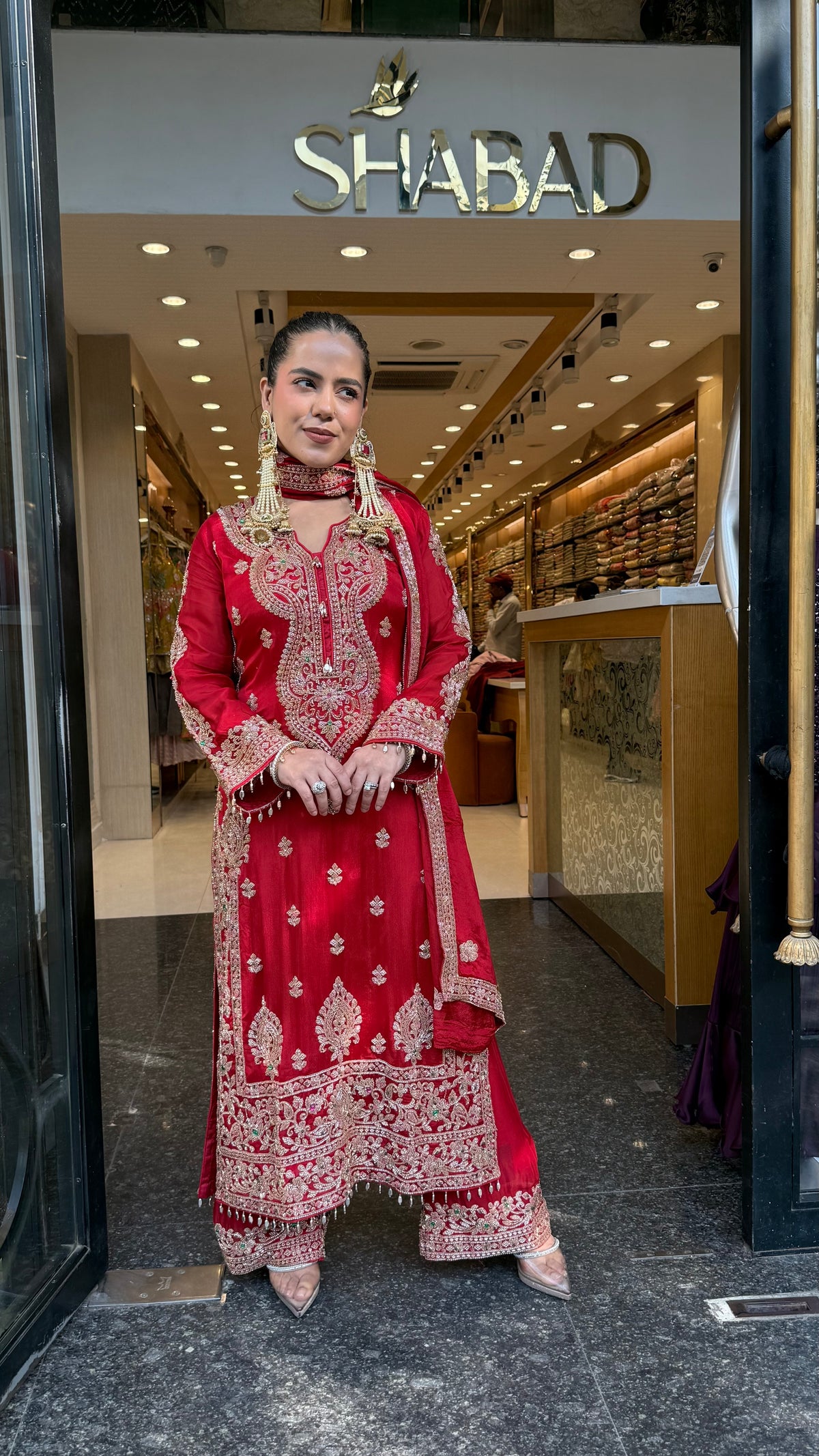 Designer Chinon Suit Set with Multicolour Stone & Beads Work (customisation available for 46/48 size)