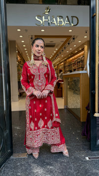 Designer Chinon Suit Set with Multicolour Stone & Beads Work (customisation available for 46/48 size)