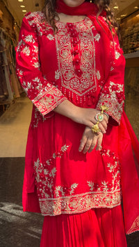 Silk Suit Set with Chinon Garara – Dori, Pearl & Gotta Detailing