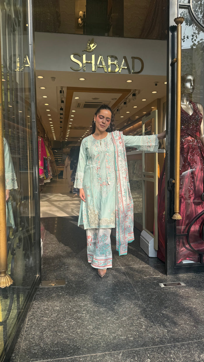 Women’s Cotton Pakistani Suit Set | Cutwork & Thread Embroidery | Printed Bottom | Sizes Up to 44