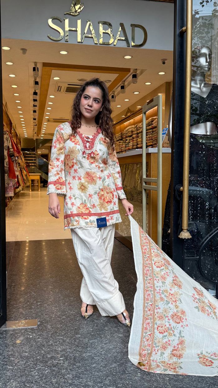 Budget-Friendly Printed Cotton Suit Set with Farshi Salwar & Mirror Lace Neckline | Up to Size 46