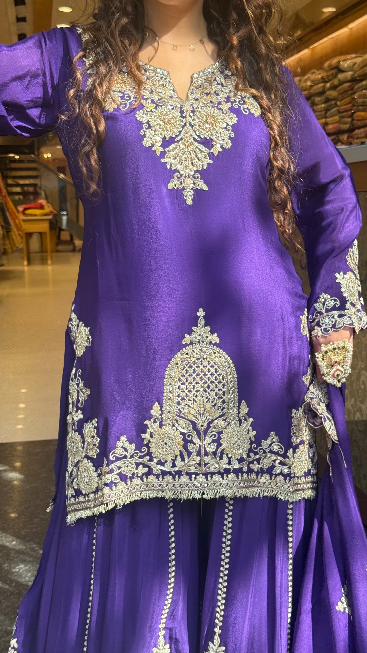 Designer Chinon Suit Set with Dori, Sequin, Pearl & Mirror Work