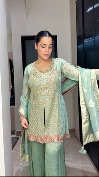 Shimmer Silk Mirror Work Suit Set – Elegant Sequins Finish