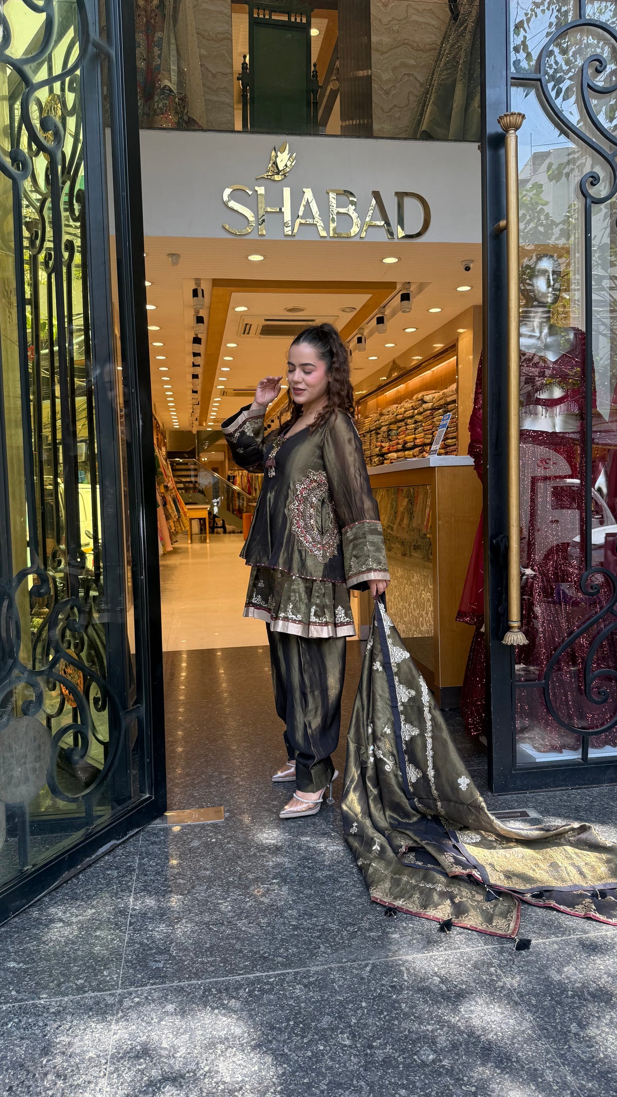 Pure Shimmer Silk Suit Set with Handwork & Stone Embroidery