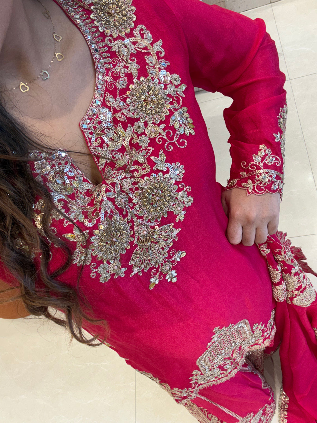 Designer Chinon Suit Set with Dori, Sequin, Pearl & Mirror Work