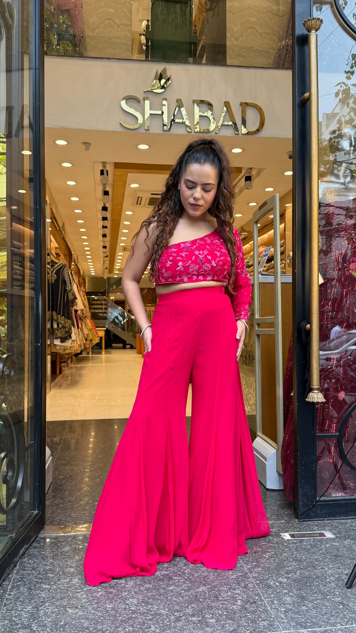Georgette Indo-Western Set with Cutdana & Sequin Work Blouse & Organza Dupatta