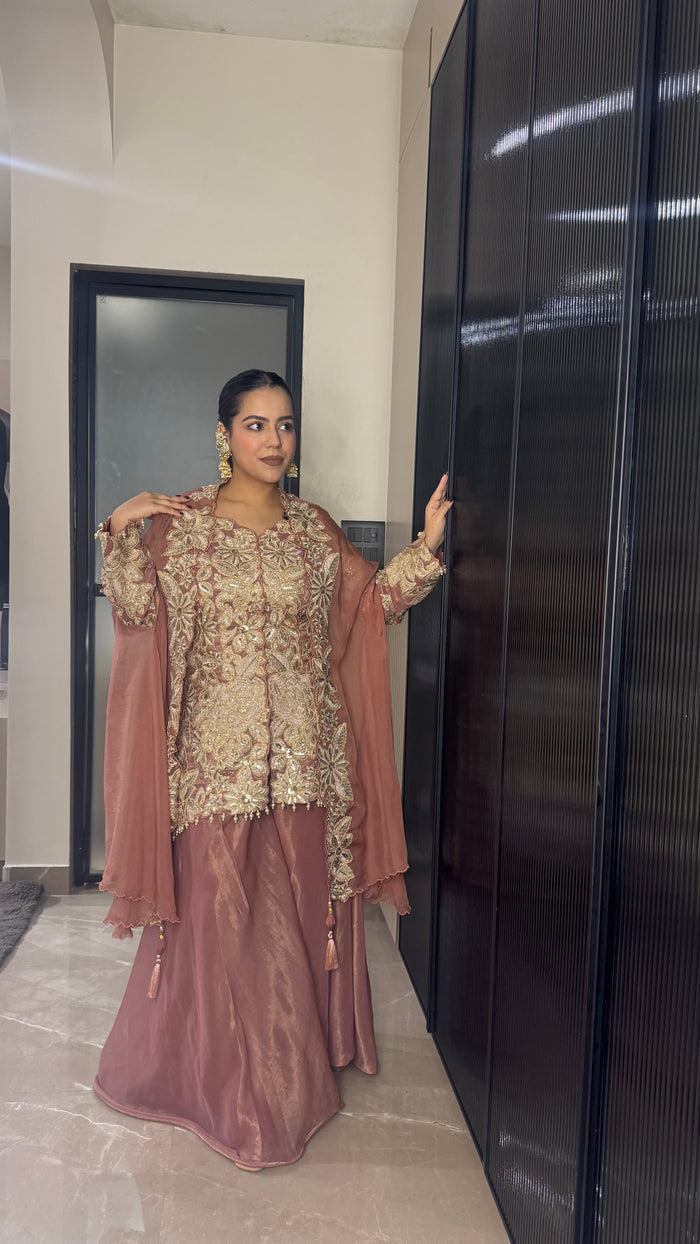 Indo-Western Sequence work with thread embroidery pearls tassels cape style 3 pcs set Ensemble |