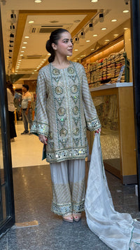 Luxury Shimmer Tissue Suit Set with Beads Jewellery & Mirror Work