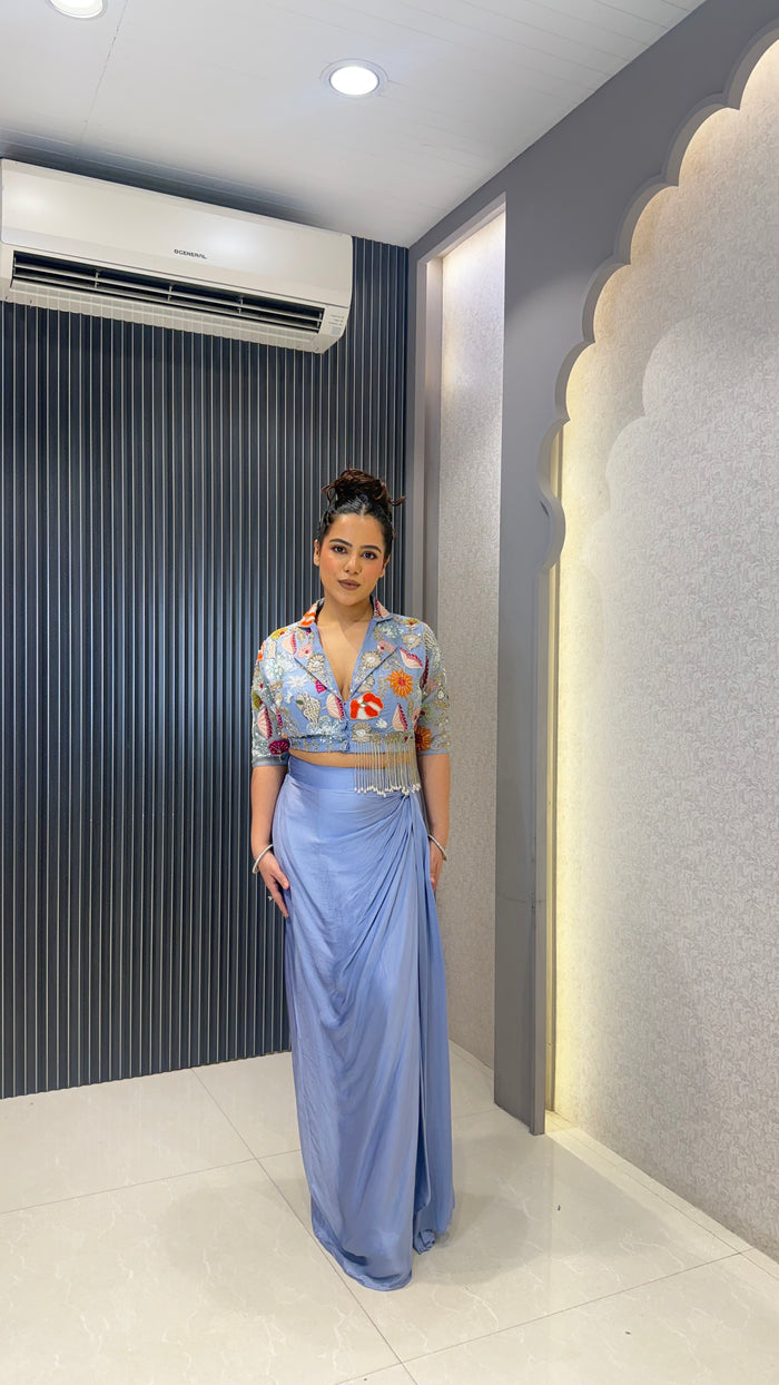 Indo-Western Elegance Set with Handwork Blouse & Crepe Bottom