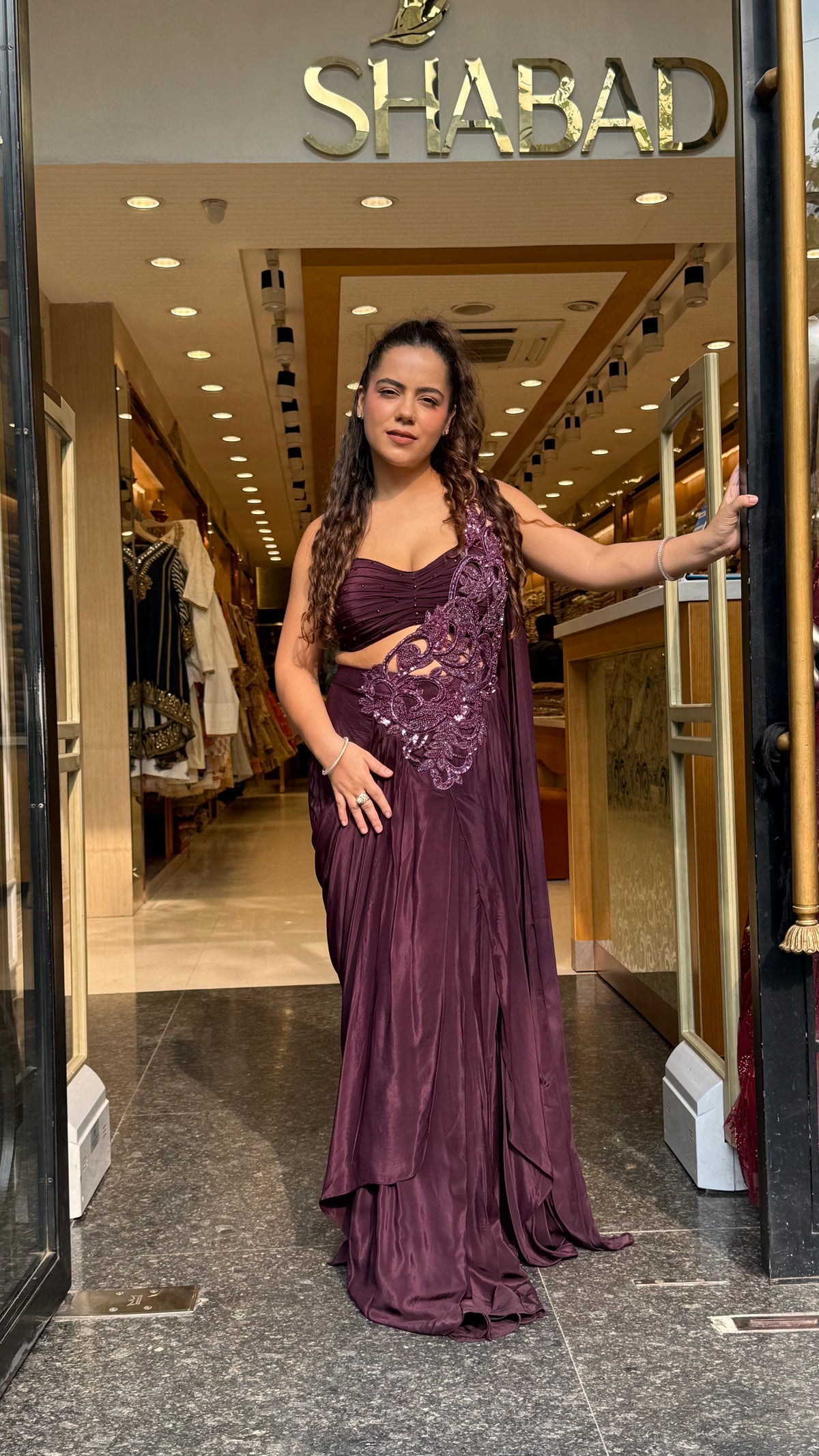 Designer Crepe Drape Saree with Handworked Palla | Ready-to-Wear Saree