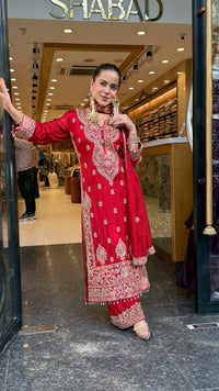 Designer Chinon Suit Set with Multicolour Stone & Beads Work (customisation available for 46/48 size)