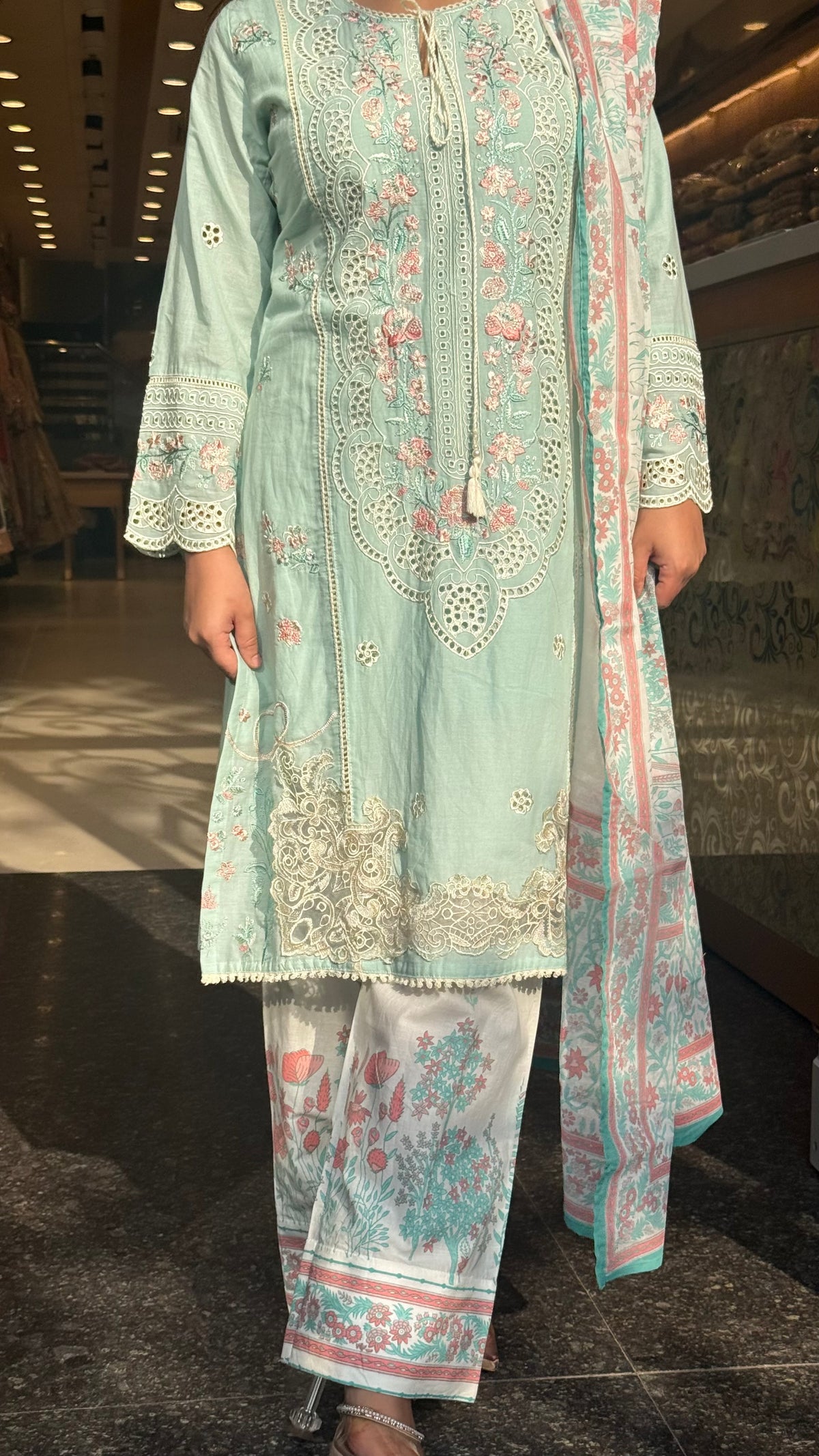 Women’s Cotton Pakistani Suit Set | Cutwork & Thread Embroidery | Printed Bottom | Sizes Up to 44