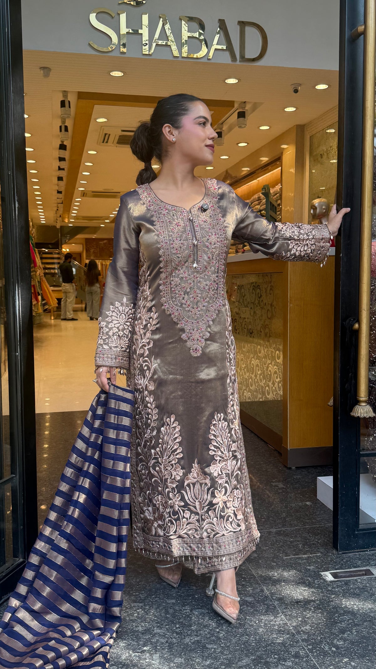 Designer Shimmer Tissue Suit Set with Thread Embroidery Beads & Multicolour Stone Work ( 46 size sides will be plain customisation available if handwork needed )