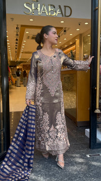 Designer Shimmer Tissue Suit Set with Thread Embroidery Beads & Multicolour Stone Work ( 46 size sides will be plain customisation available if handwork needed )