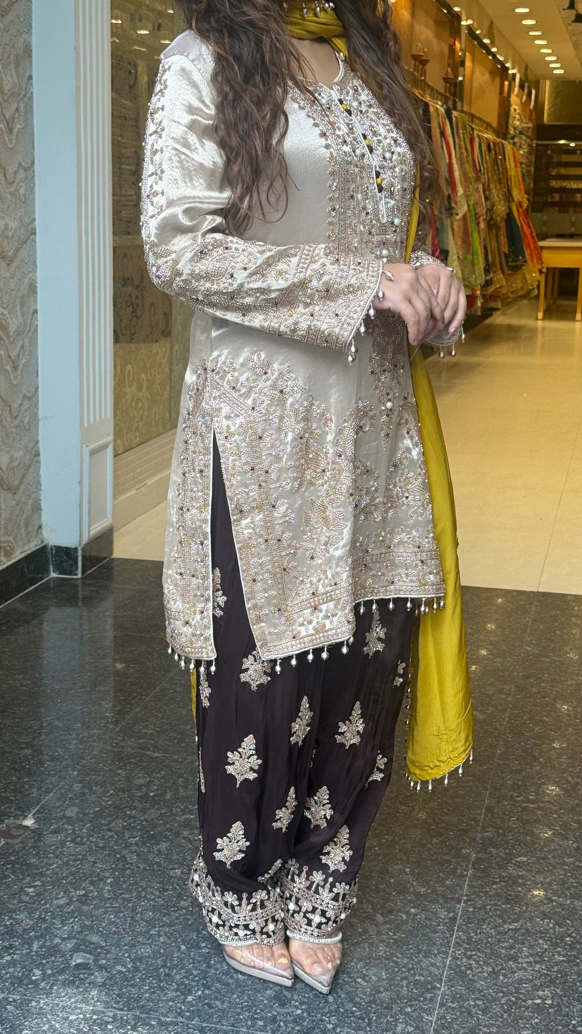 Shimmer Silk Beaded Suit Set with Chinon Salwar Style Pant