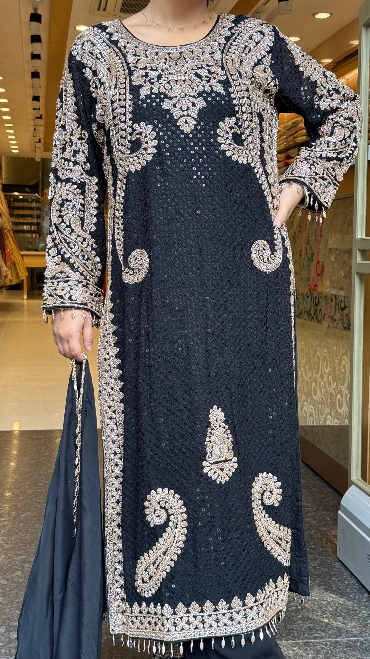 Georgette fabric Suit Set with Sequin Shirt &  Beads Handwork ( 3xl size sides will be plain handwork can be customised )