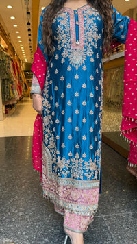 Long Pakistani Suit Set in Satin Silk with Beads Handwork