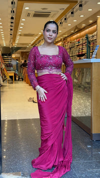 Elegant Crepe Drape Saree with Handwork Blouse – Designer Drape Collection