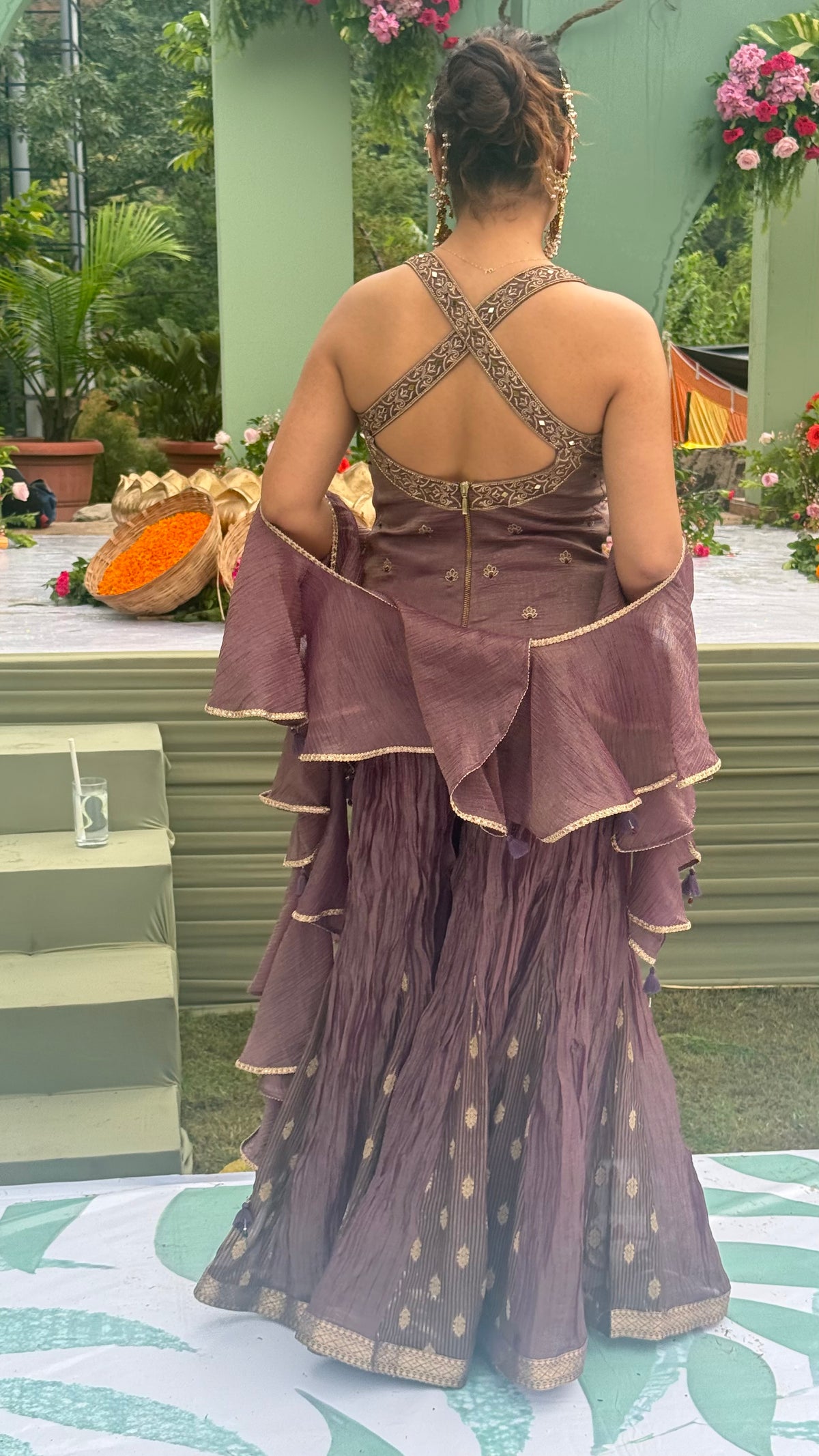 Designer Shimmer Silk Indo-Western Set with Handwork & Crush Tissue Bottom