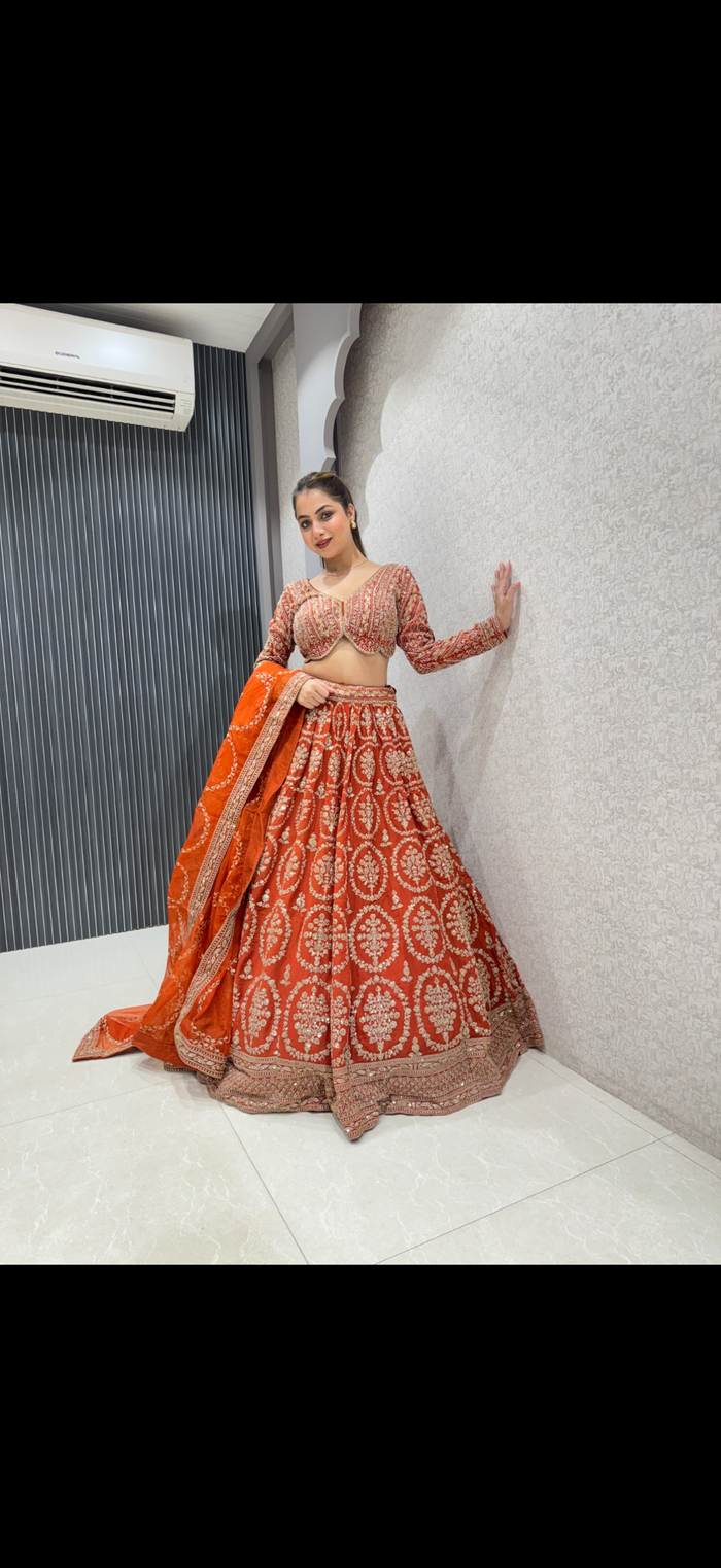 Georgette Aari Work Sequin Lehenga Set with Organza Dupatta | Up to Size 44
